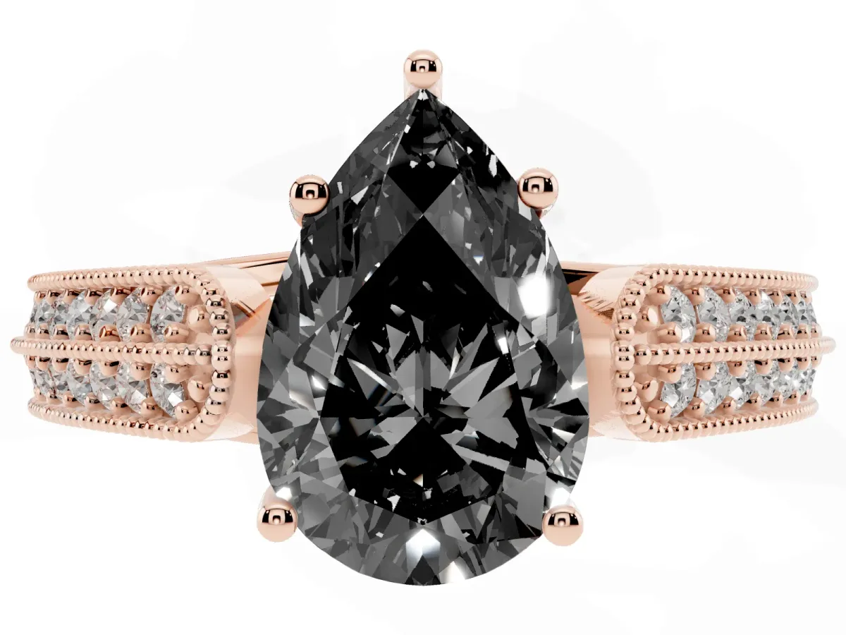 Fancy Black Pear Cut Cut Pave Split Shank Engagement Ring with Four-Prong Setting Rose gold