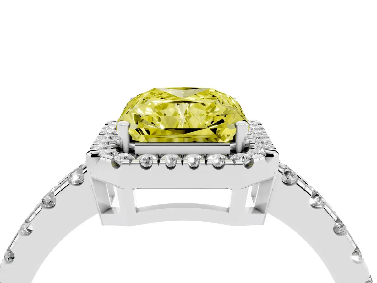 Fancy Yellow Radiant Cut Diamond Halo Ring with Pavé Band and Four-Prong Setting White gold