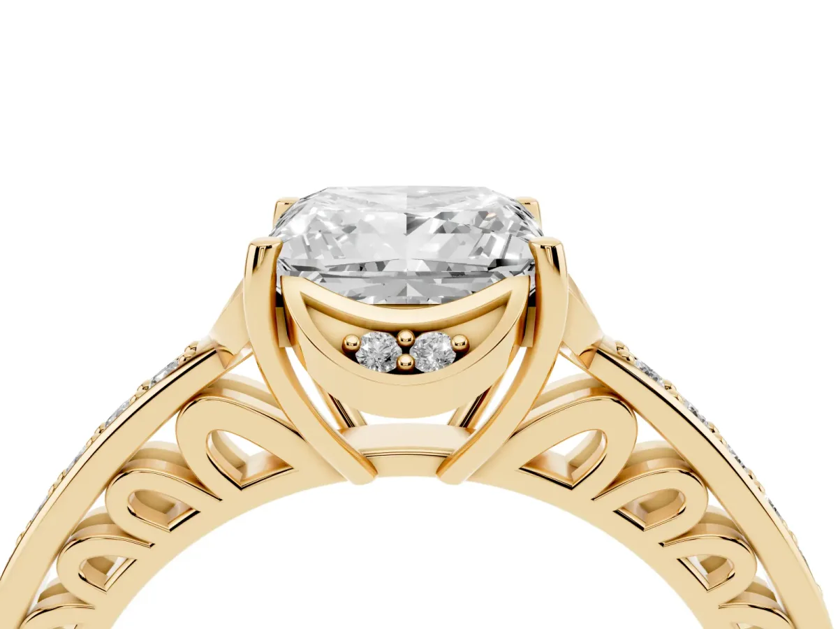 Princess Cut Cut Halo Diamond Ring with Channel Set Band and Four-Prong Setting Yellow gold