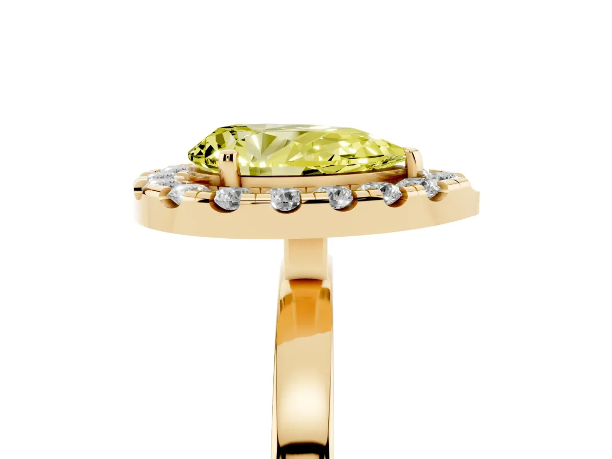 Fancy Yellow Pear Cut Halo Diamond Solitaire with Pavé Band and Four-Prong Setting Yellow gold