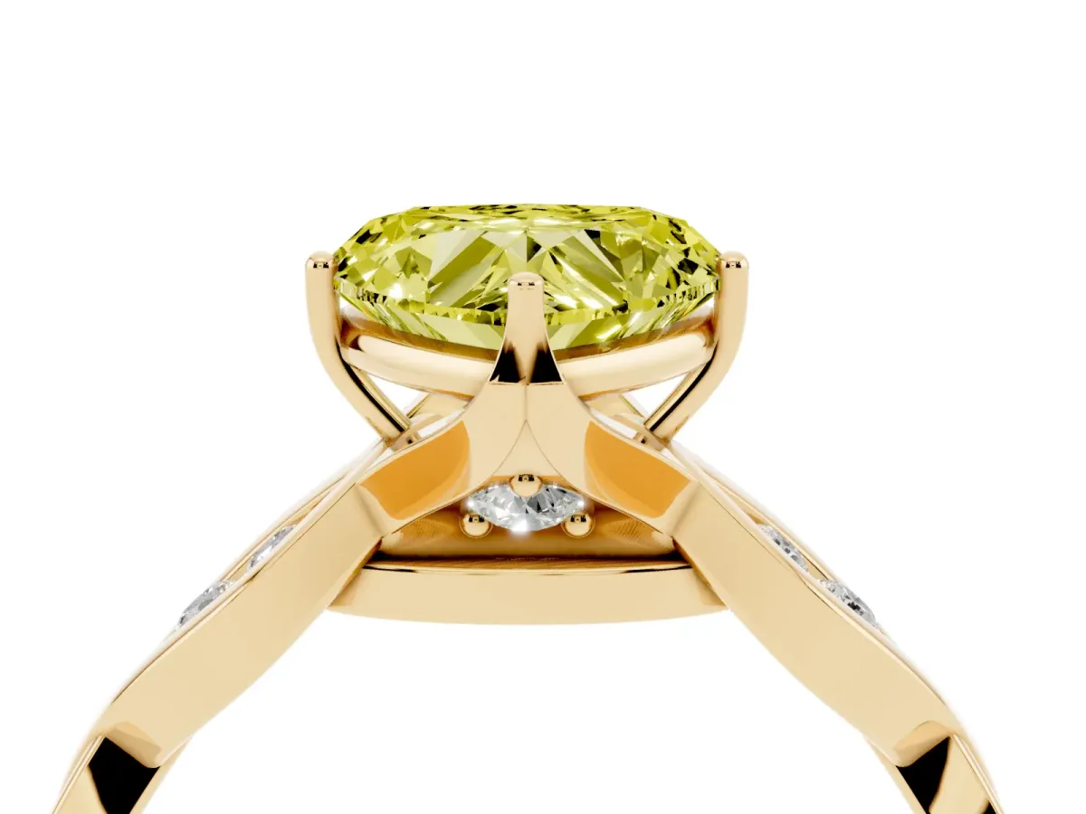 Fancy Yellow Heart Cut Solitaire Twist Band with Leaf Prong Setting Yellow gold