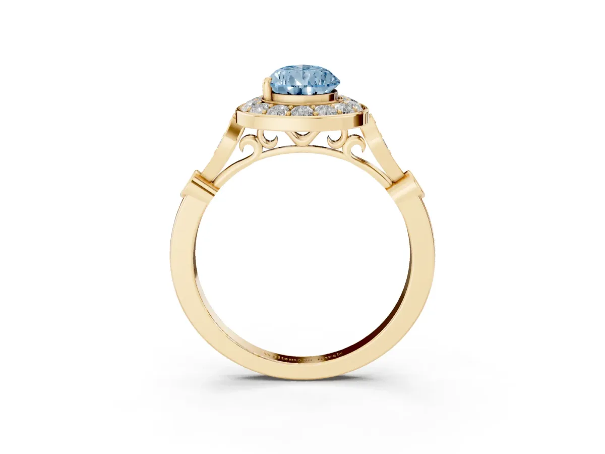 Fancy Blue Pear Cut Halo Diamond Engagement Ring with Twisted Band and Four-Prong Setting Yellow gold