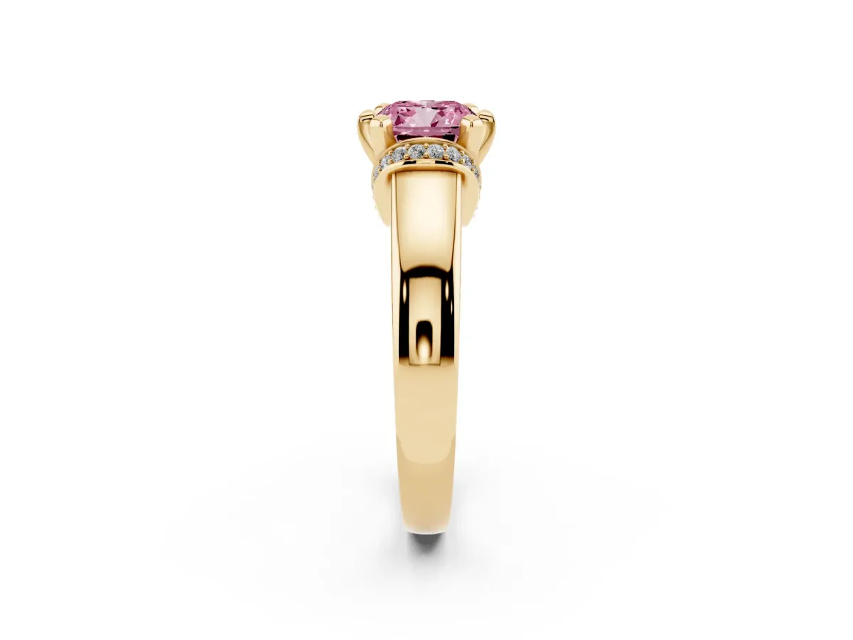 Fancy Pink Cushion Cut Solitaire Diamond Ring with Pave Band and Six-Prong Setting Yellow gold