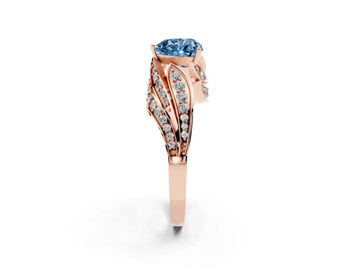 Fancy Blue Heart Cut Diamond Solitaire Ring with Prong Setting and Twisted Pavé Band Rose gold