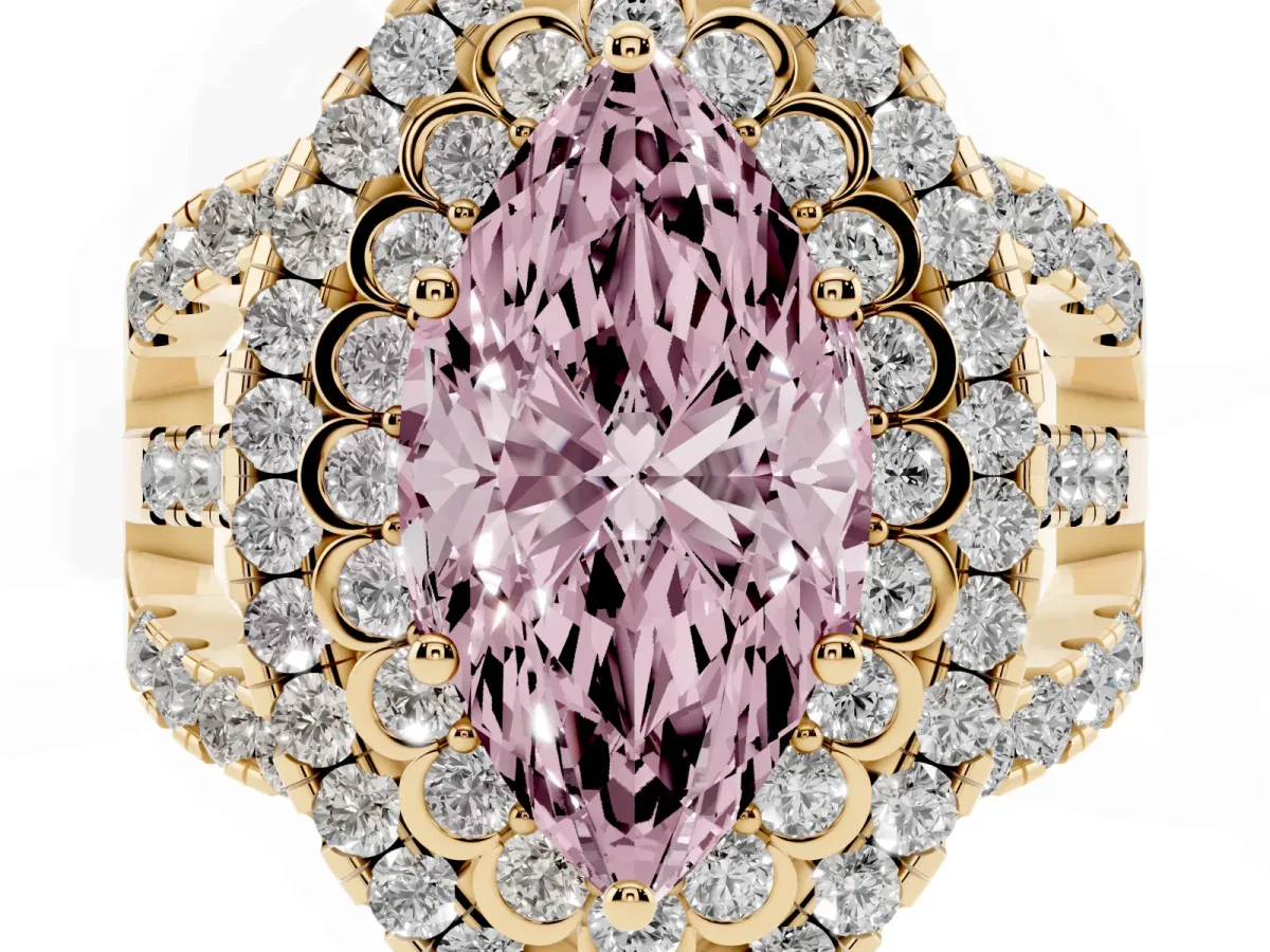 Fancy Pink Marquise Cut Diamond Double Halo Ring with Round Pavé Split Shank and Prong Setting Yellow gold