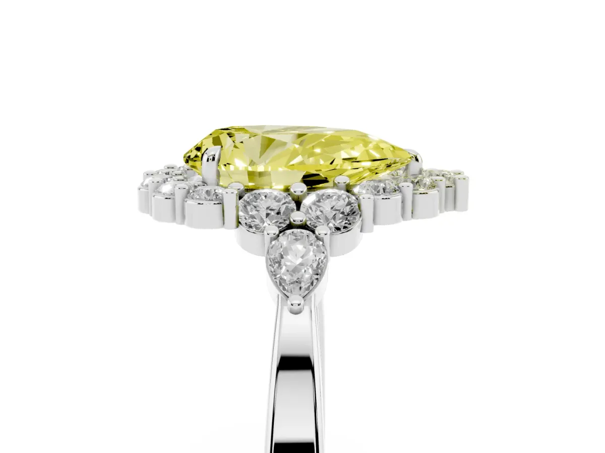 Fancy Yellow Pear Cut Diamond Halo Ring with Pear Side Stones and Prong Setting Silver