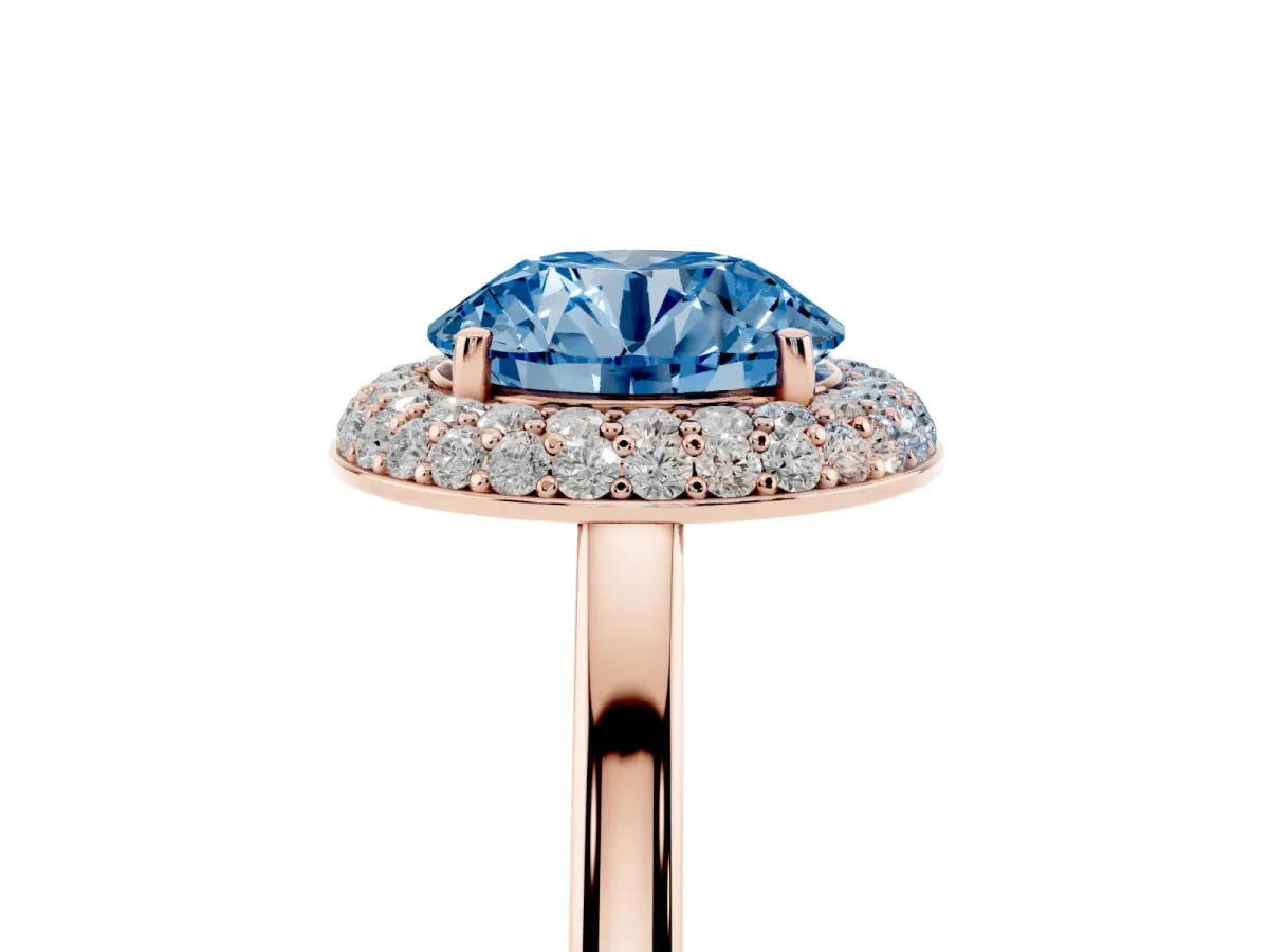 Fancy Blue Round Cut Halo Diamond Engagement Ring with Solitaire Band and Four-Prong Setting Rose gold