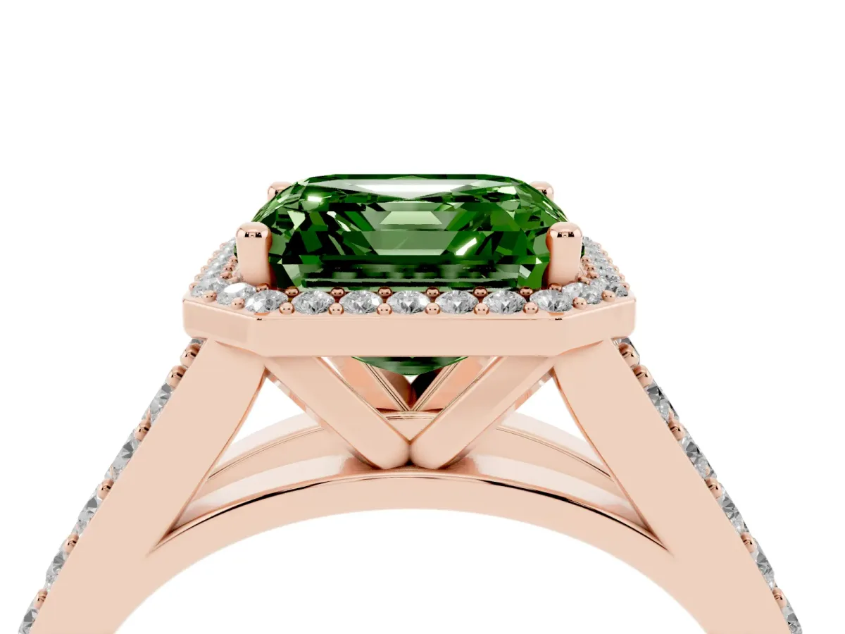 Fancy Green Asscher Cut Diamond Split Shank Halo Ring with Four-Prong Setting Rose gold