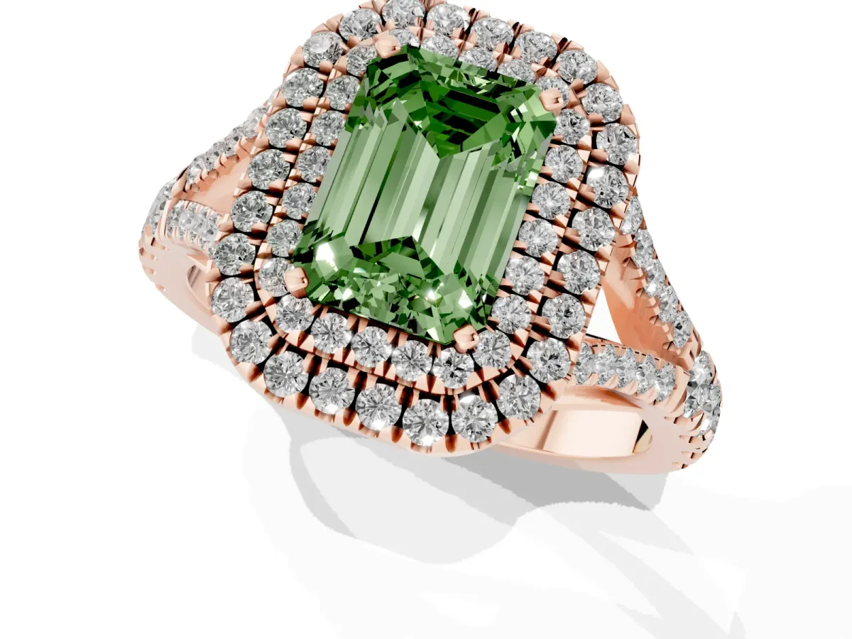Fancy Green Emerald Cut Diamond Pavé Split Shank Double Halo Engagement Ring Rose gold