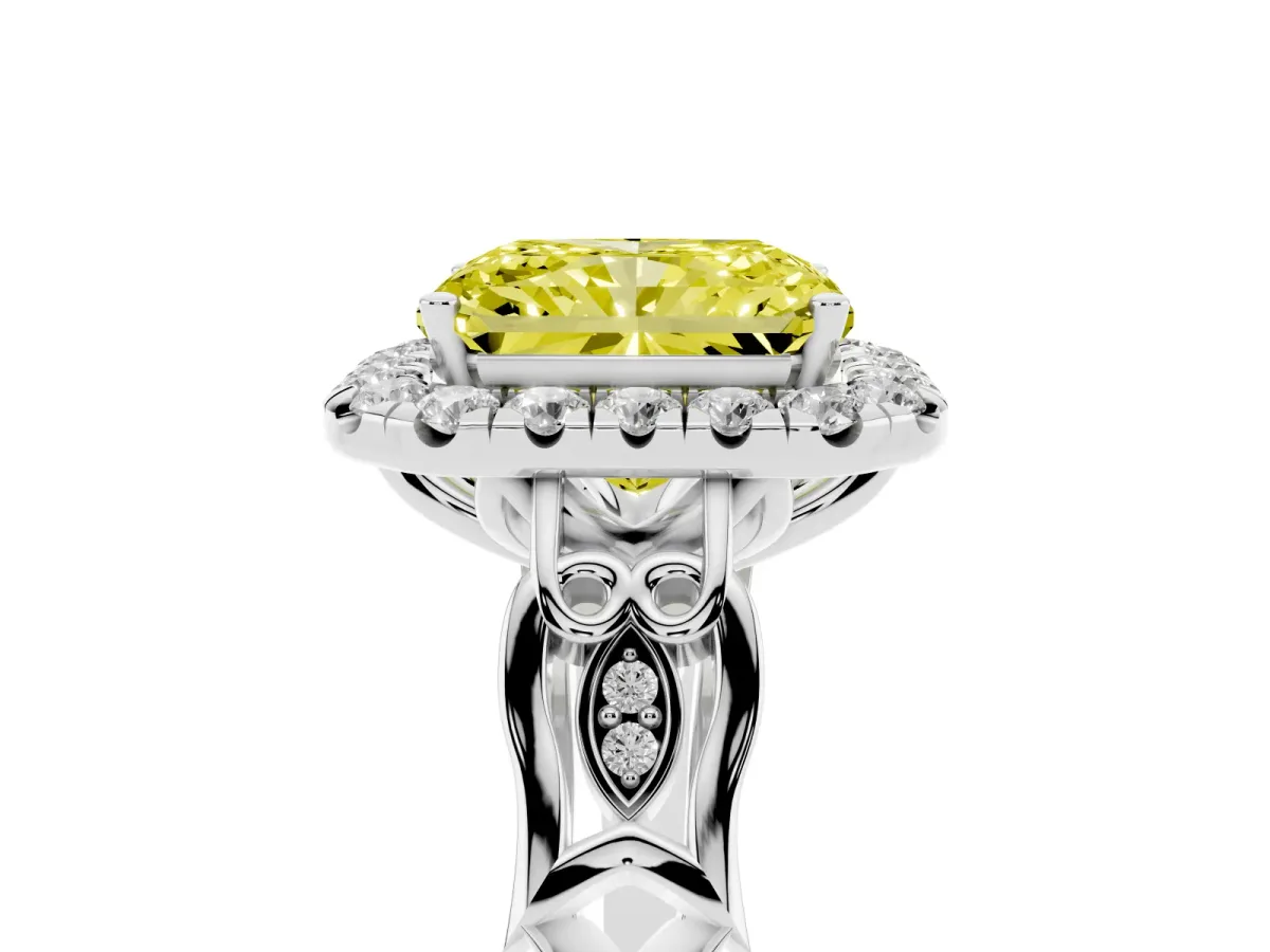 Fancy Yellow Radiant Cut Halo Diamond Engagement Ring with Filigree Band and Four-Prong Setting Platinum
