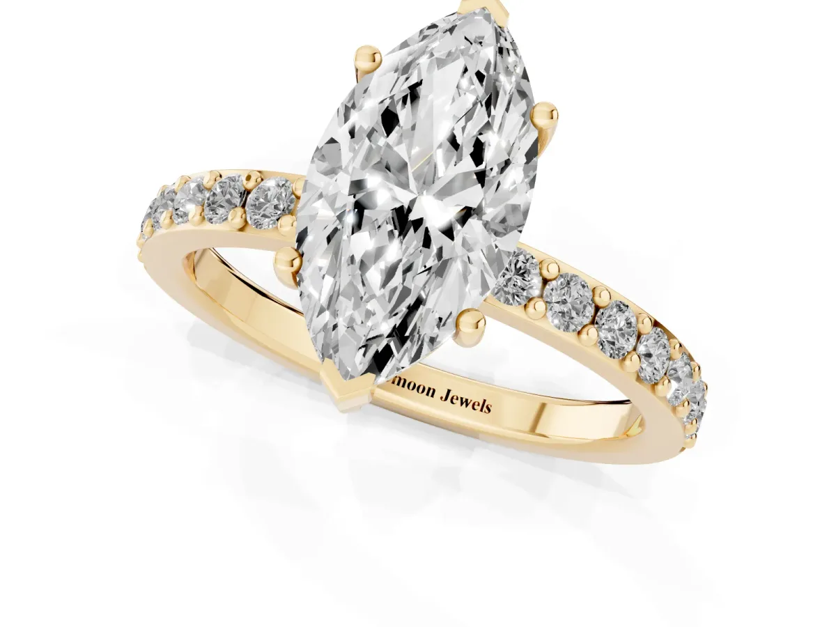 Marquise Cut Cut Diamond Solitaire with Pave Band and Four-Prong Setting Yellow gold