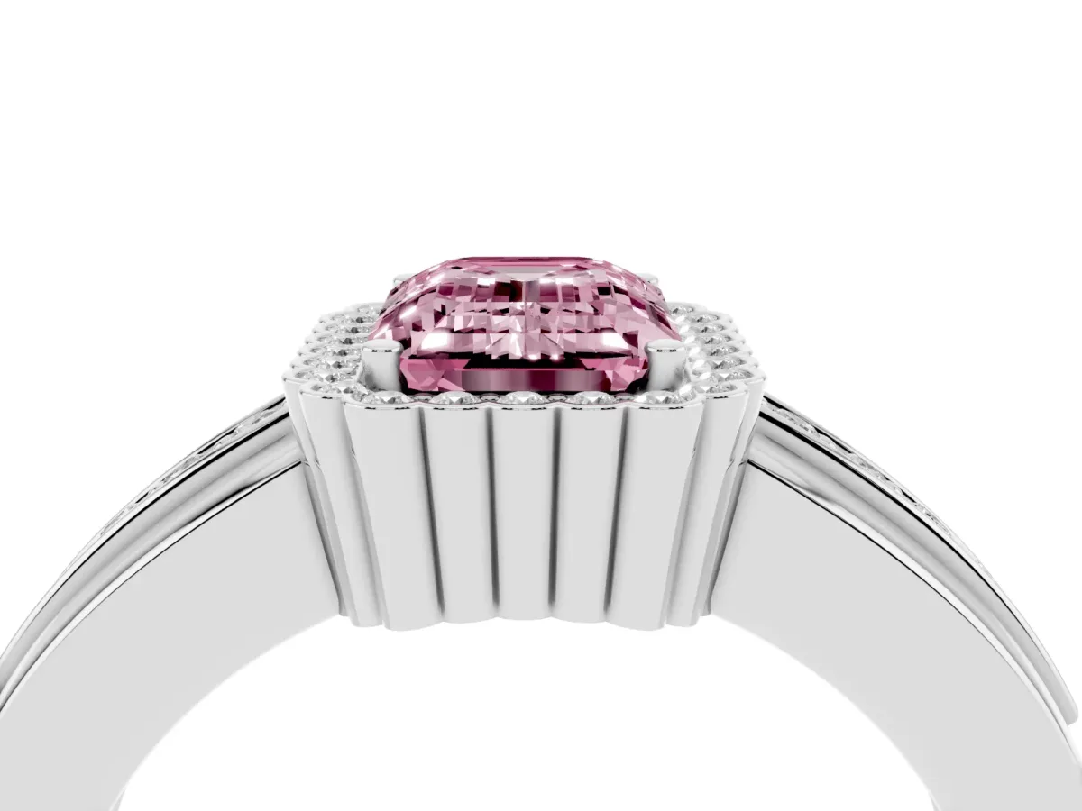 Fancy Pink Emerald Cut Cut Halo Pave Band Four-Prong Ring Silver