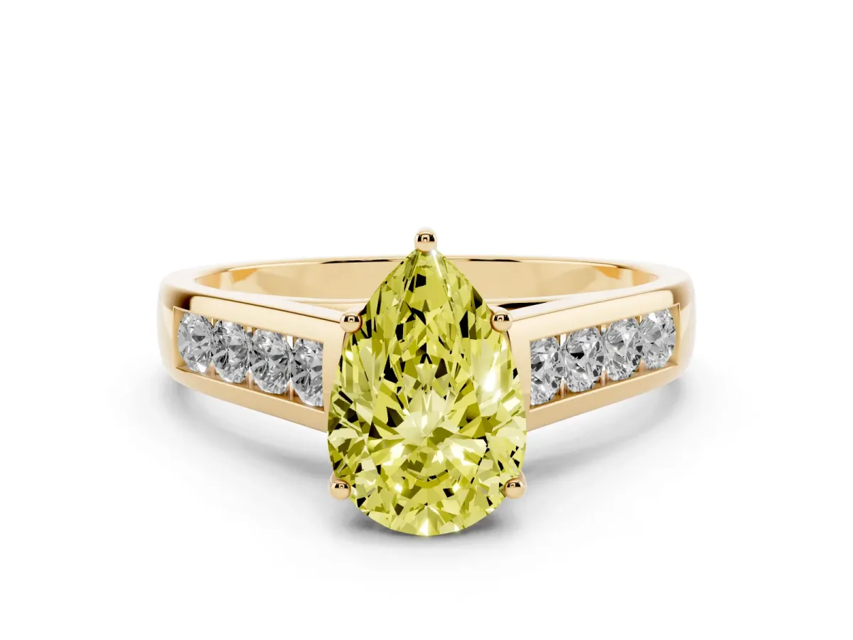 Fancy Yellow Pear Cut Brilliant Channel-Set Solitaire Ring with Four-Prong Setting Yellow gold