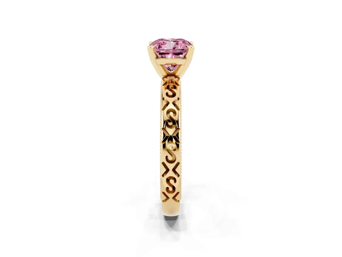 Fancy Pink Cushion Cut Solitaire Engagement Ring with Scrollwork Band and Four-Prong Setting Yellow gold