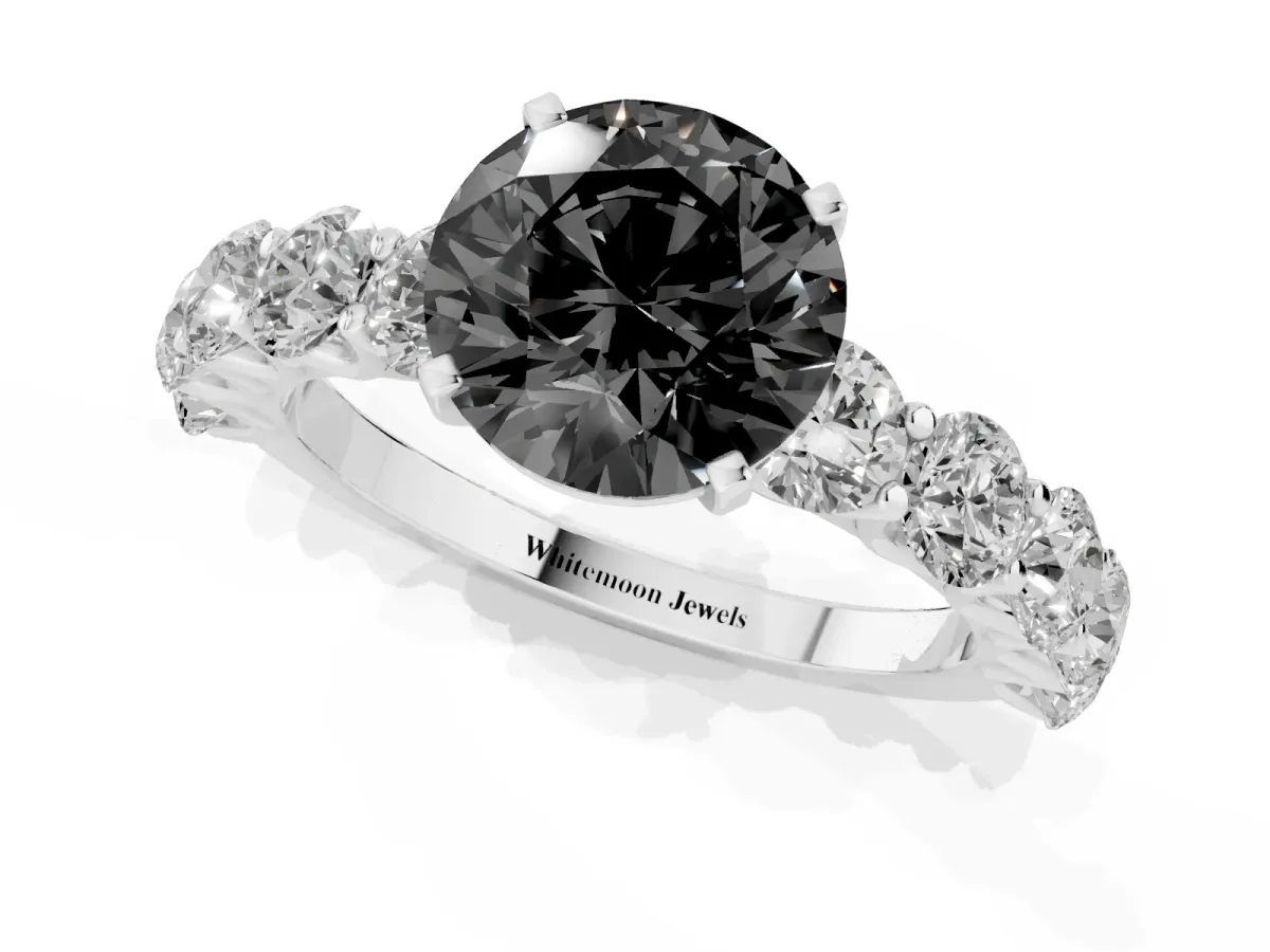 Fancy Black Round Cut Diamond Prong Setting with Side Stones on a Pave Band Silver