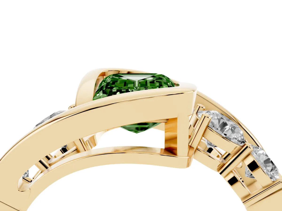 Fancy Green Bezel Set Emerald Cut Diamond Bypass Ring with Round Accents Yellow gold
