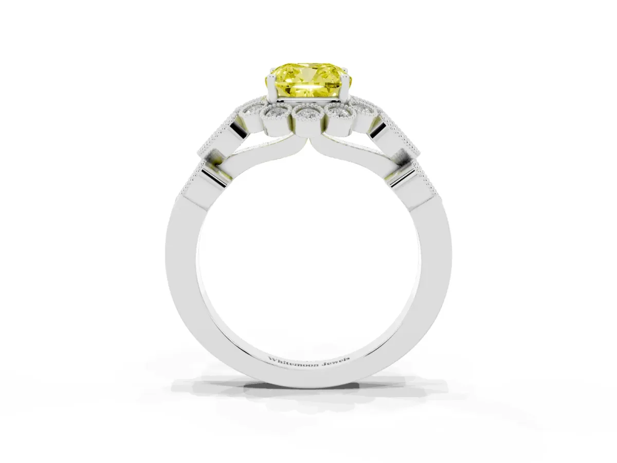 Fancy Yellow Cushion Cut Brilliant Milgrain Pave Heart Band Solitaire Ring White gold