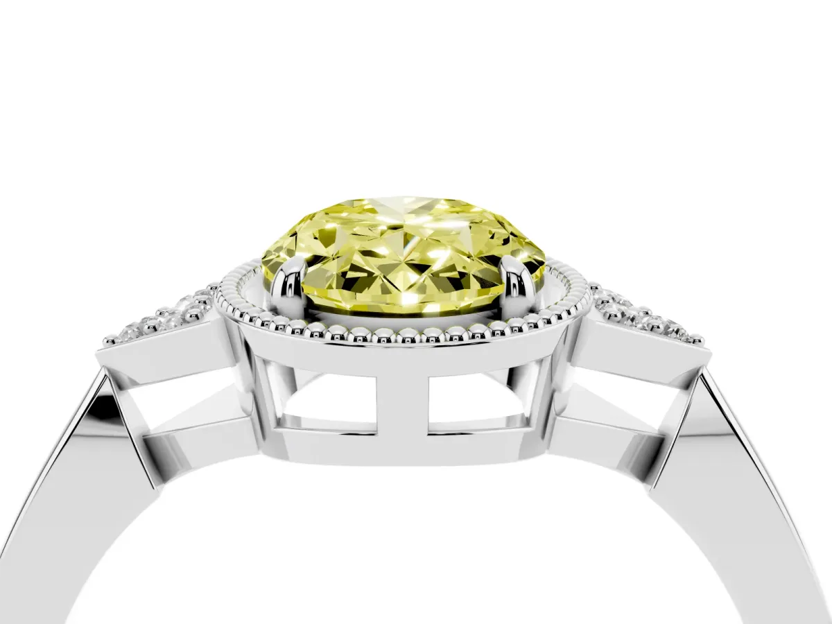 Fancy Yellow Hexagonal Halo Oval Cut Diamond Solitaire with Pavé Band and Four-Prong Setting Silver