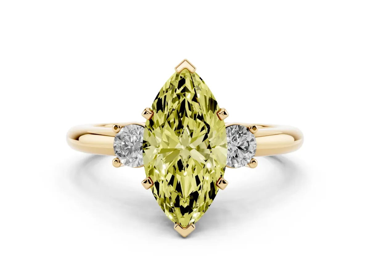 Fancy Yellow Three-Stone Marquise Cut Cut Diamond Solitaire with Prong Setting and Classic Band Yellow gold