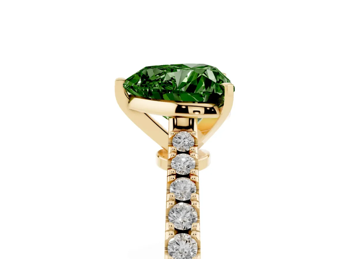 Fancy Green Heart Cut Cut Solitaire Diamond Engagement Ring with Pave Band and Four-Prong Setting Yellow gold