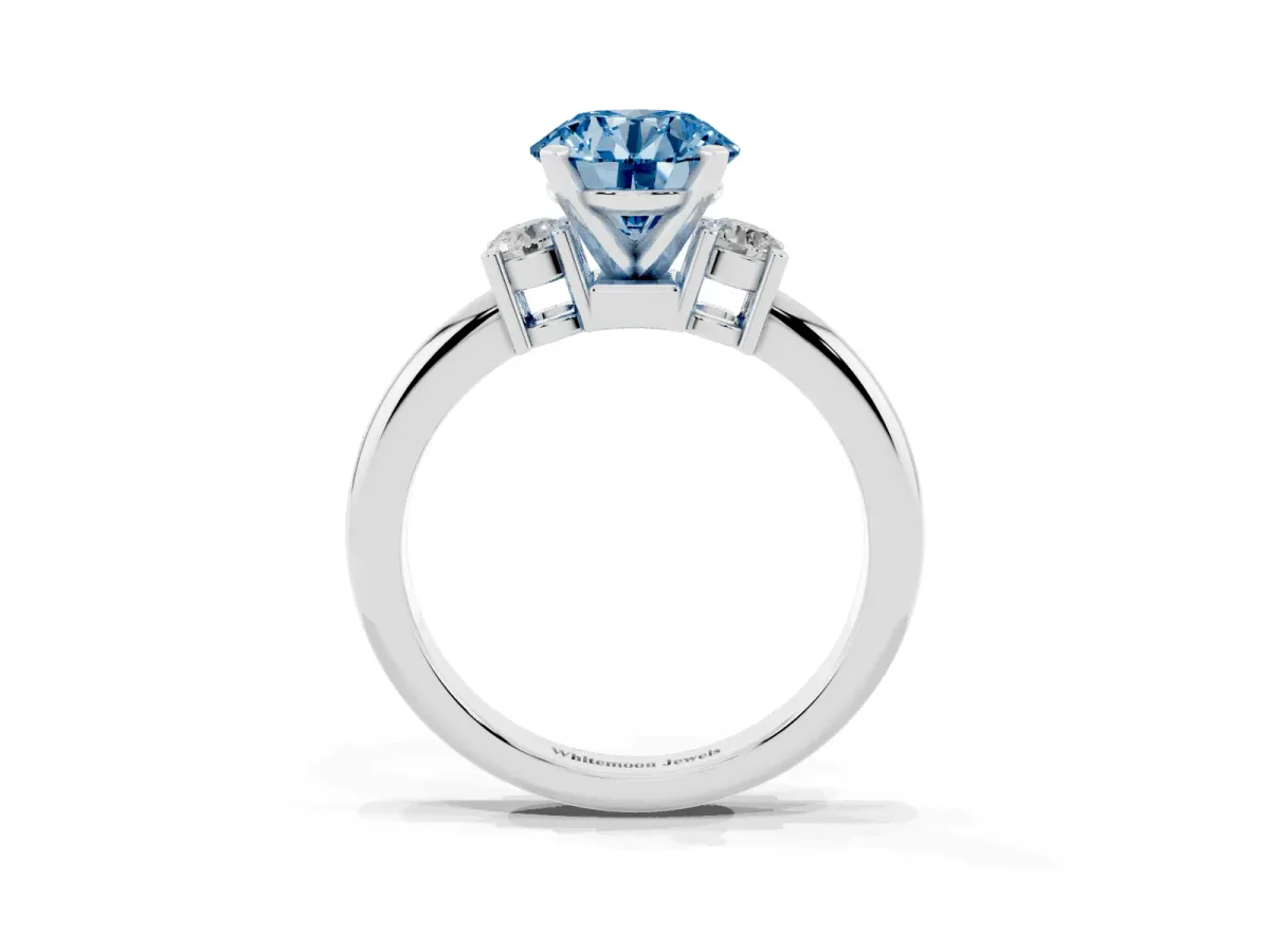 Fancy Blue Three-Stone Round Cut Cut Diamond Solitaire with Prong Setting and Classic Band Silver