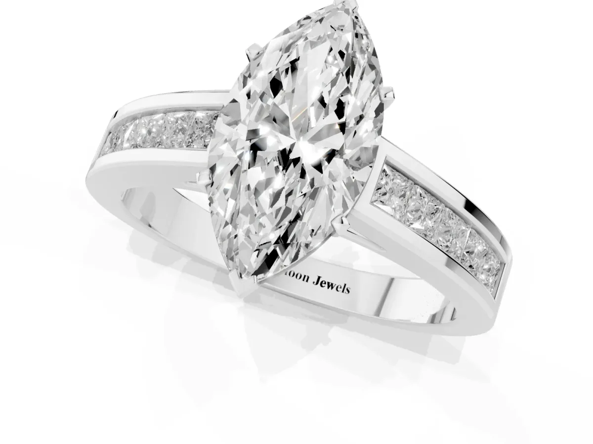 Marquise Cut Solitaire Diamond Ring with Channel-Set Band and Four-Prong Setting Silver