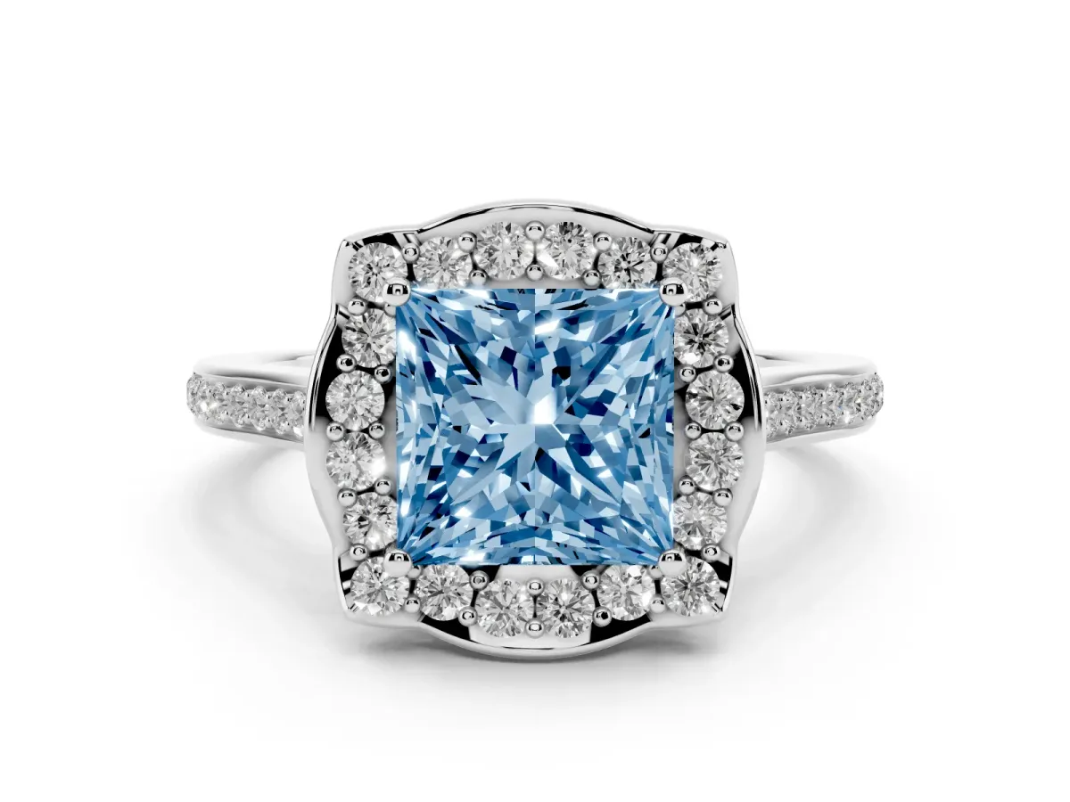 Fancy Blue Princess Cut Halo Round Diamond Pave Band with Four-Prong Setting Silver