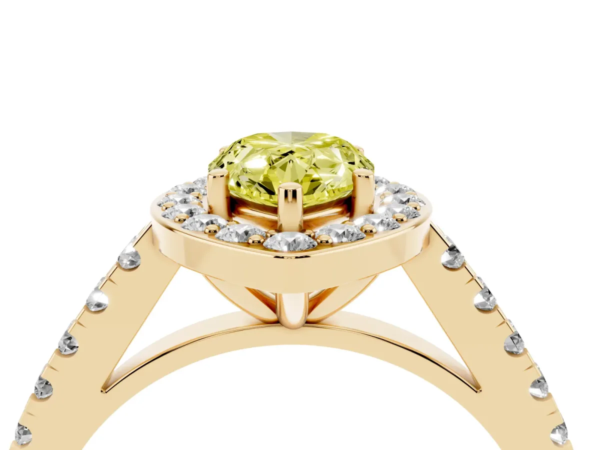 Fancy Yellow Pear Cut Diamond Halo Ring with Round Pavé Split Shank and Prong Setting Yellow gold