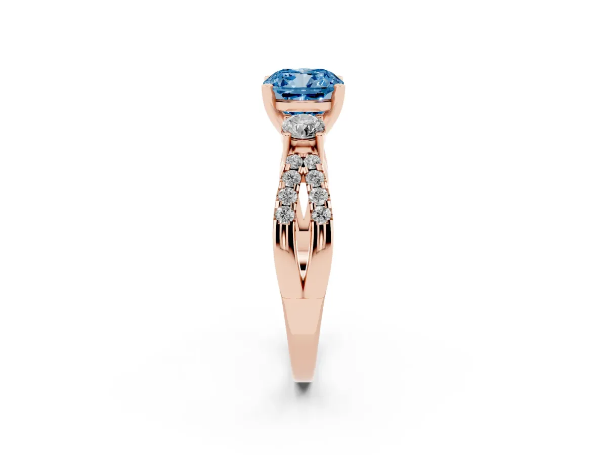 Fancy Blue Cushion Cut Diamond Three-Stone Ring with Pavé Split Shank and Four-Prong Setting Rose gold