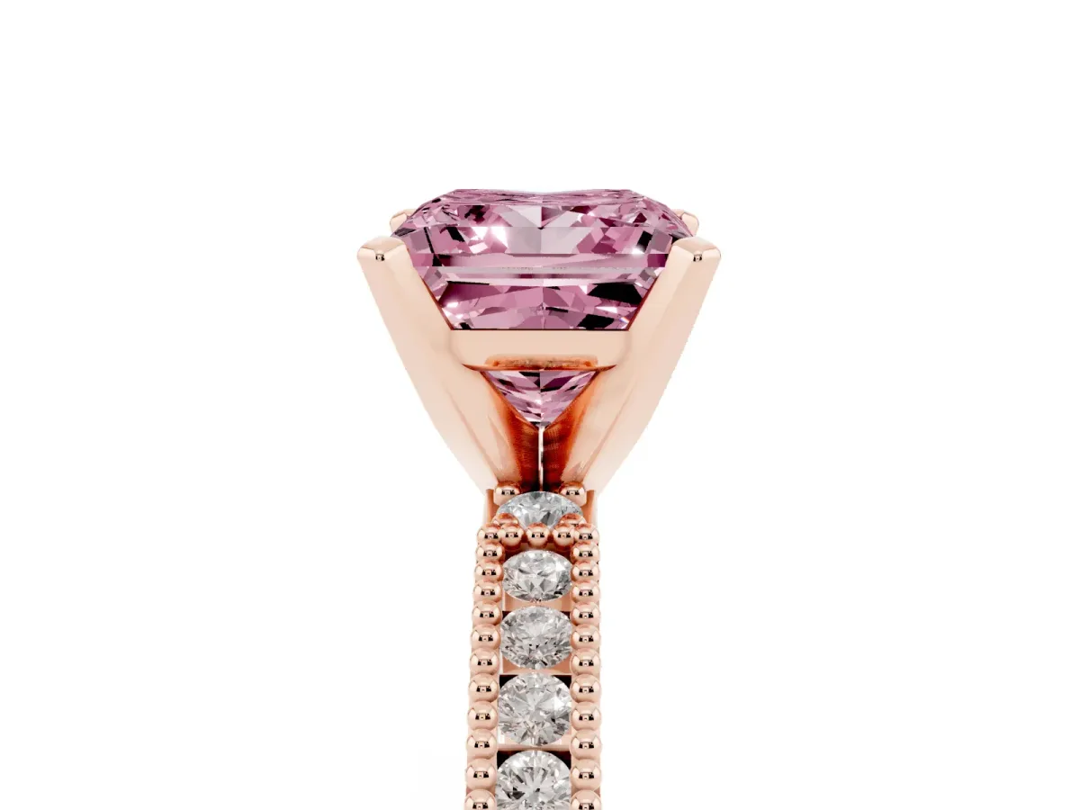Fancy Pink Princess Cut Solitaire with Pavé Band and Four-Prong Setting Rose gold