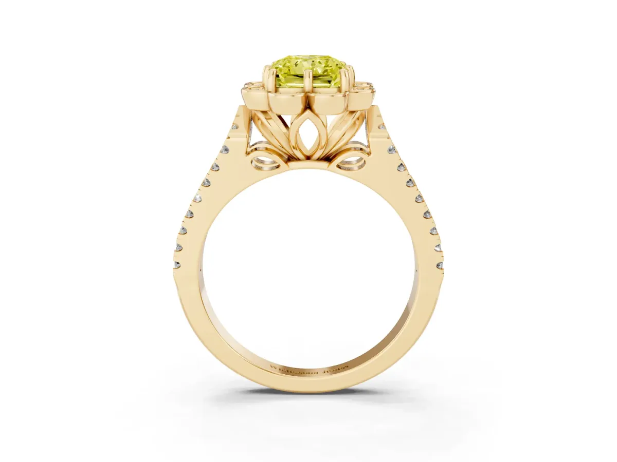 Fancy Yellow Radiant Cut Halo Diamond Floral Split Shank Engagement Ring Yellow gold