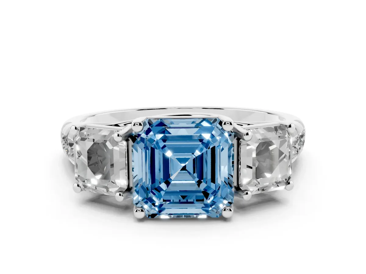 Fancy Blue Three-Stone Asscher Cut Diamond Pavé Band with Prong Setting Silver