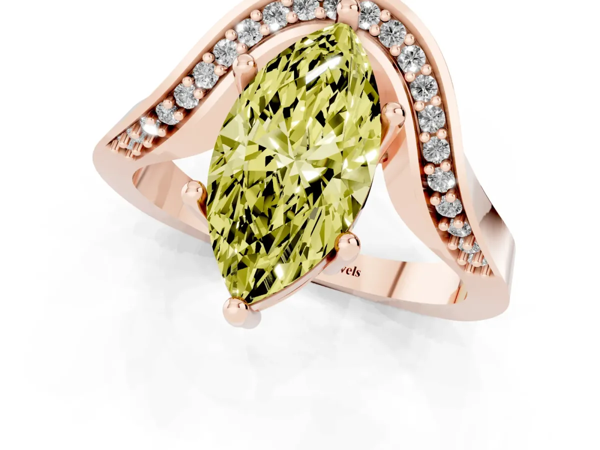 Fancy Yellow Marquise Cut Solitaire Diamond Engagement Ring with Pave Band and Four-Prong Setting Rose gold