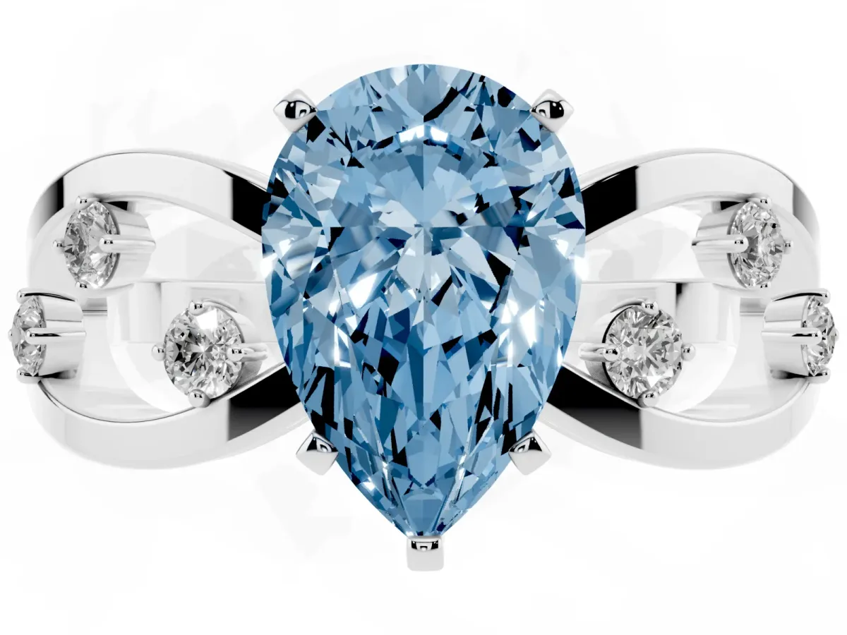 Fancy Blue Pear Cut Cut Solitaire Diamond with Side Stones on Criss-Cross Band and Four-Prong Setting Silver