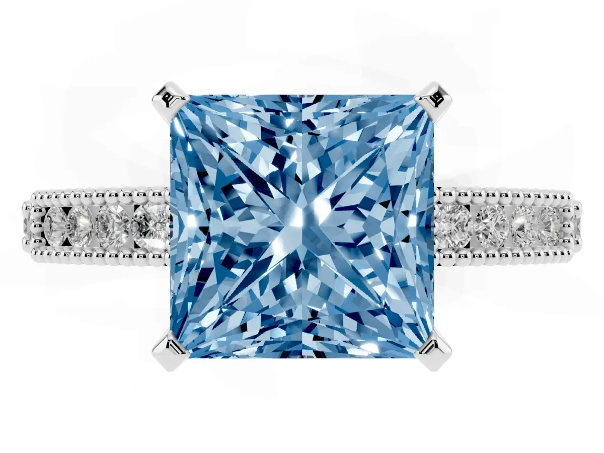 Fancy Blue Princess Cut Solitaire with Pavé Band and Four-Prong Setting Silver
