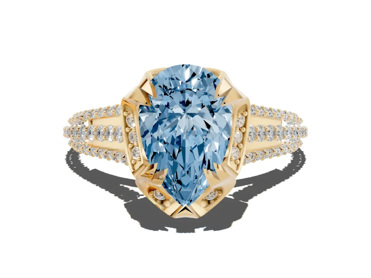 Fancy Blue Pear Cut Solitaire Pave Split Shank Ring with Four-Prong Setting Yellow gold