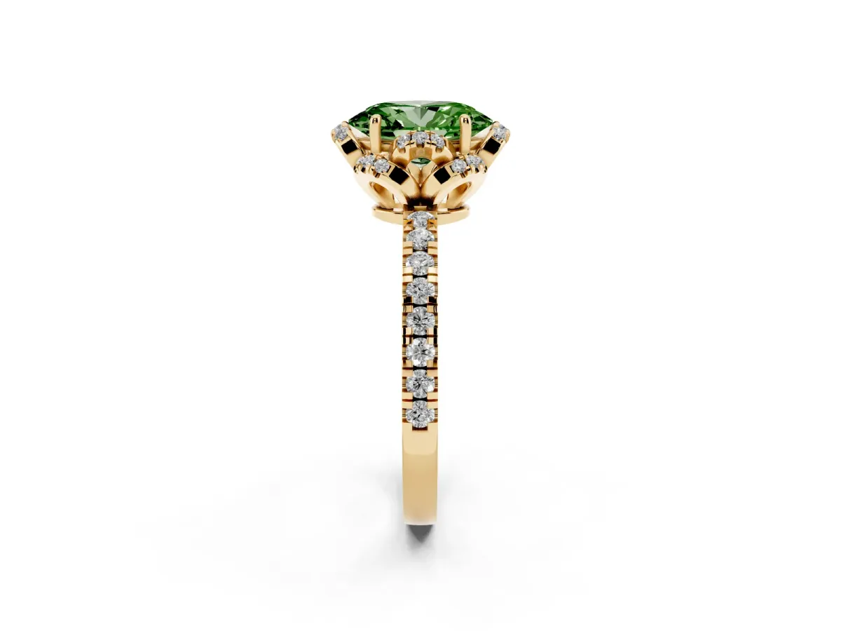 Fancy Green Oval Cut Halo Diamond Pave Band Ring with Four-Prong Setting Yellow gold
