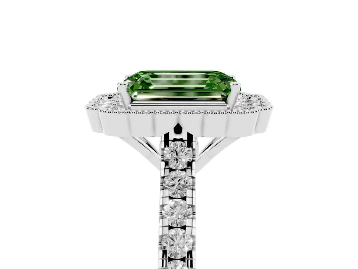 Fancy Green Emerald Cut Cut Diamond Milgrain Floral Halo Engagement Ring with Pavé Band Platinum