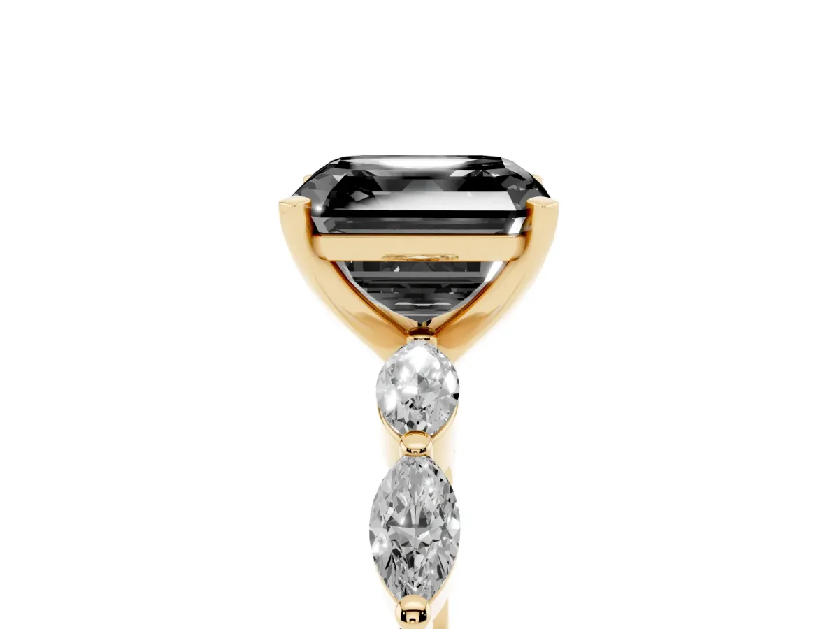 Fancy Black Asscher Cut Diamond Ring with Marquise Side Stones and Prong Setting Yellow gold