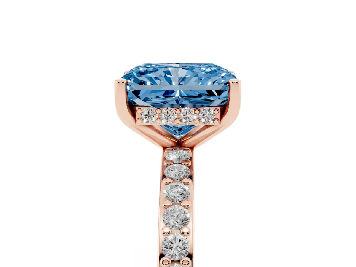 Fancy Blue Radiant Cut Cut Diamond Pavé Band Ring with Four-Prong Setting Rose gold