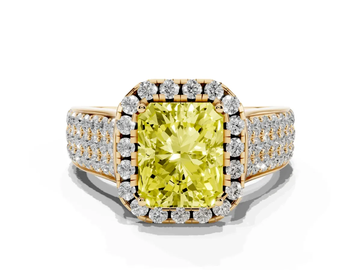 Fancy Yellow Radiant Cut Halo Round Diamond Pave Band with Prong Setting Yellow gold