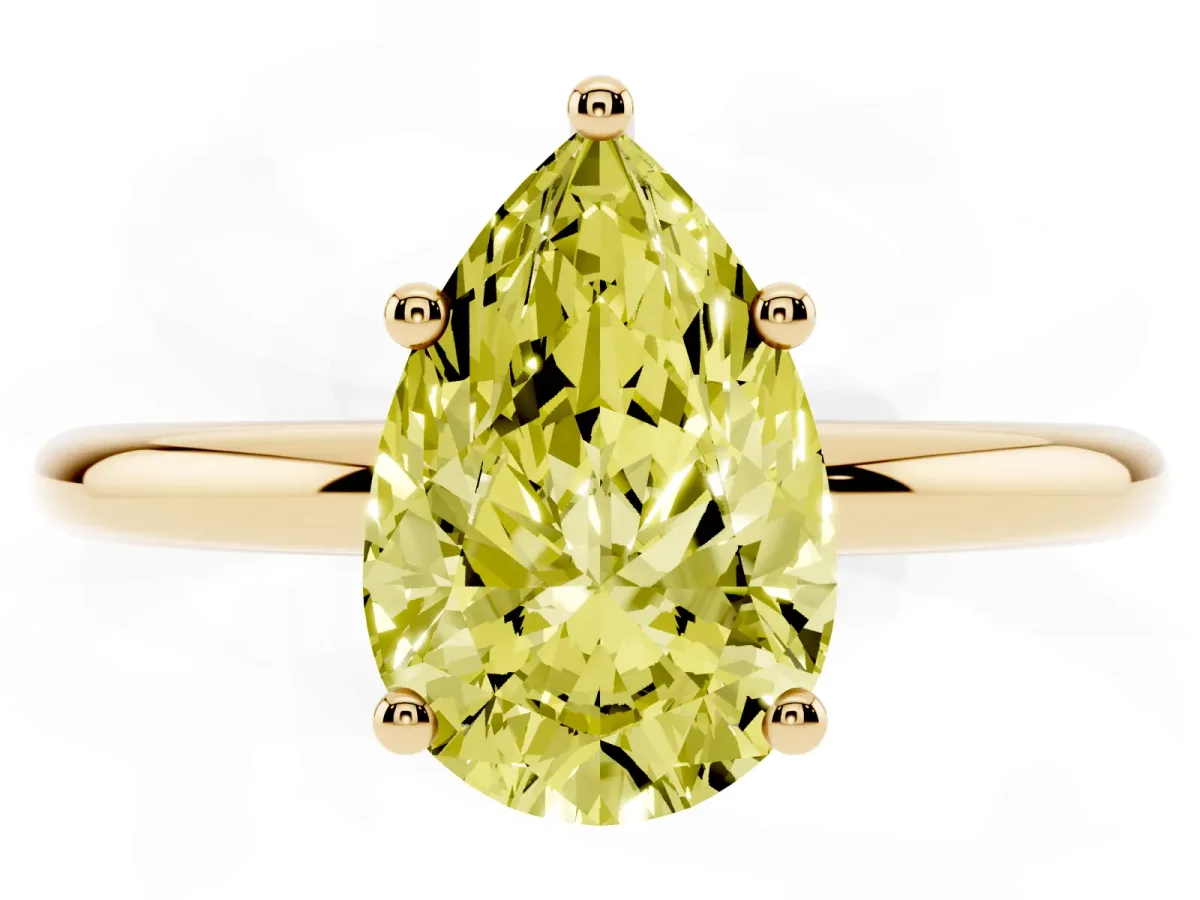 Fancy Yellow Pear Cut Cut Solitaire Engagement Ring with Four-Prong Setting and Classic Band Yellow gold