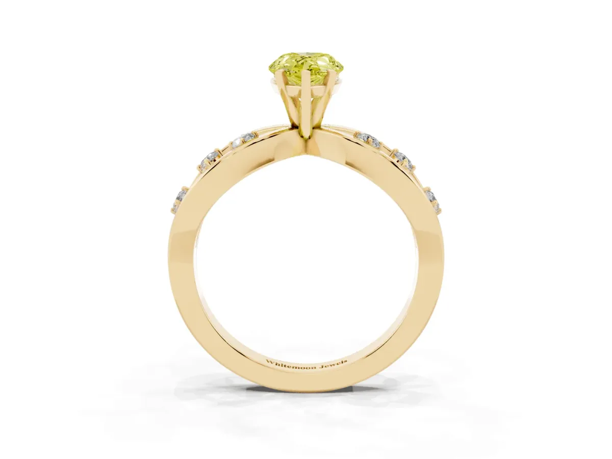 Fancy Yellow Pear Cut Cut Solitaire Diamond with Side Stones on Criss-Cross Band and Four-Prong Setting Yellow gold