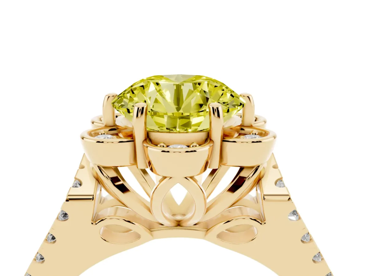 Fancy Yellow Round Cut Halo Diamond Floral Split Shank Engagement Ring Yellow gold