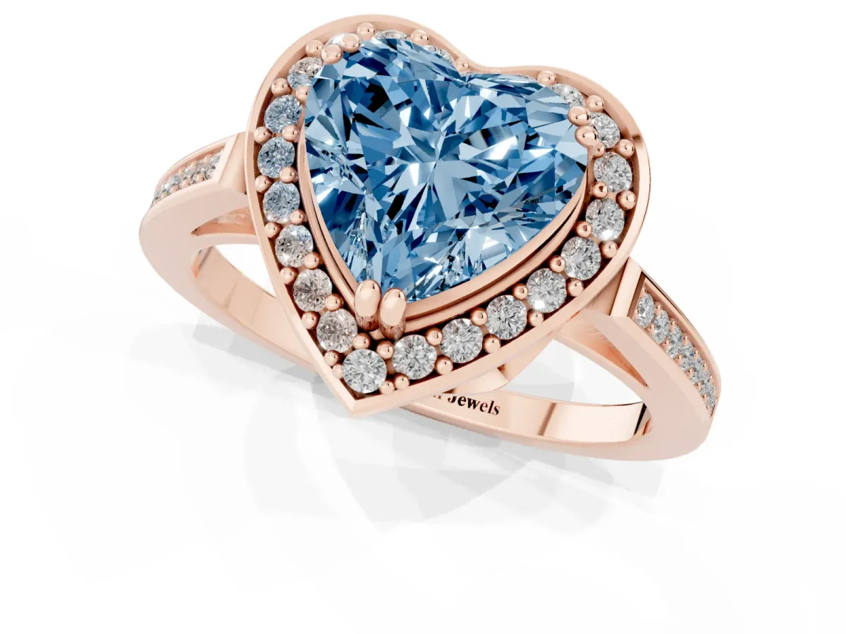 Fancy Blue Heart Cut Diamond Halo Ring with Split Shank and Four-Prong Setting Rose gold