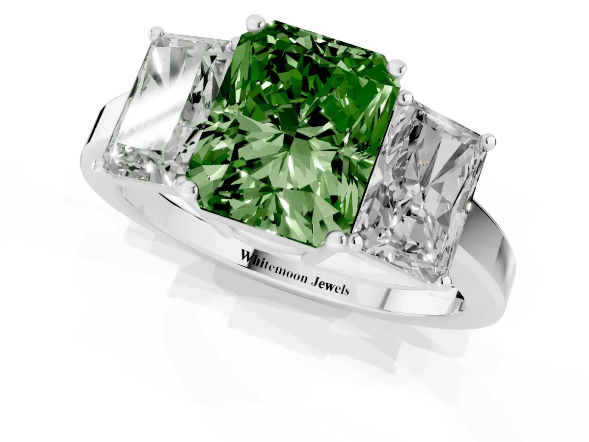 Fancy Green Three-Stone Radiant Cut Cut Diamond Engagement Ring with Flat Band and Four-Prong Setting Silver
