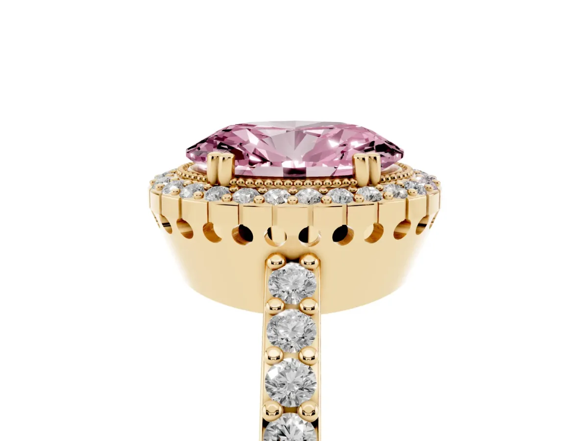 Fancy Pink Oval Cut Cut Diamond Halo Engagement Ring with Milgrain Detail and Pavé Band Yellow gold