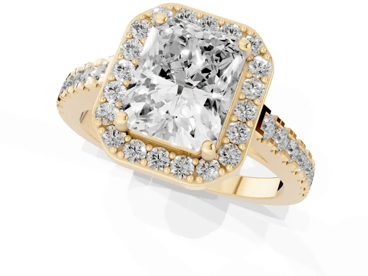 Radiant Cut Diamond Halo Ring with Round Pavé Split Shank and Prong Setting Yellow gold