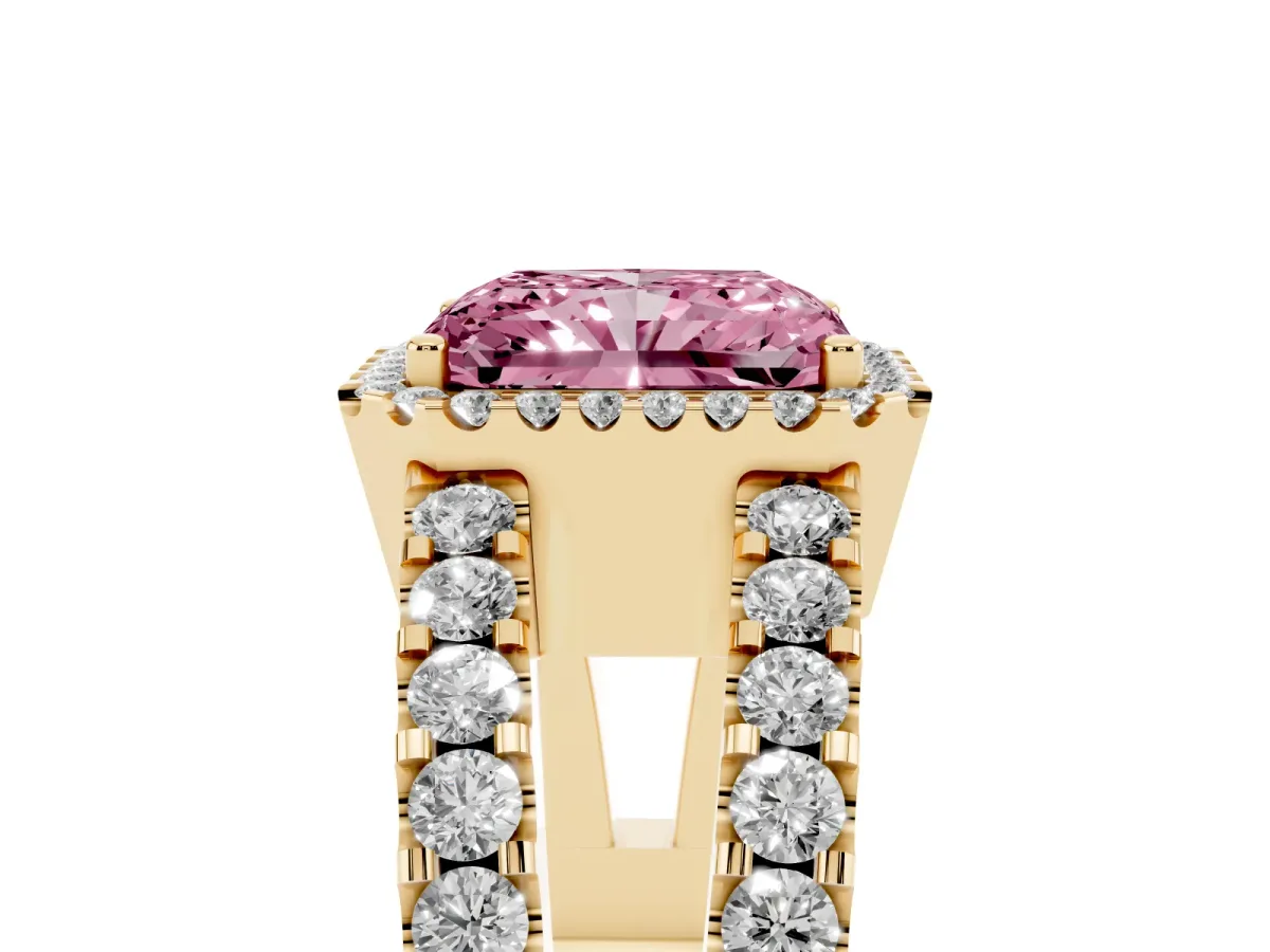 Fancy Pink Radiant Cut Cut Halo Split Shank Diamond Ring with Four-Prong Setting Yellow gold