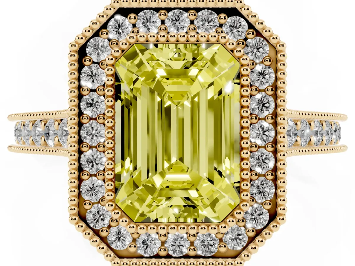 Fancy Yellow Halo Emerald Cut-Cut Diamond Pave Band Milgrain Prong Setting Ring Yellow gold
